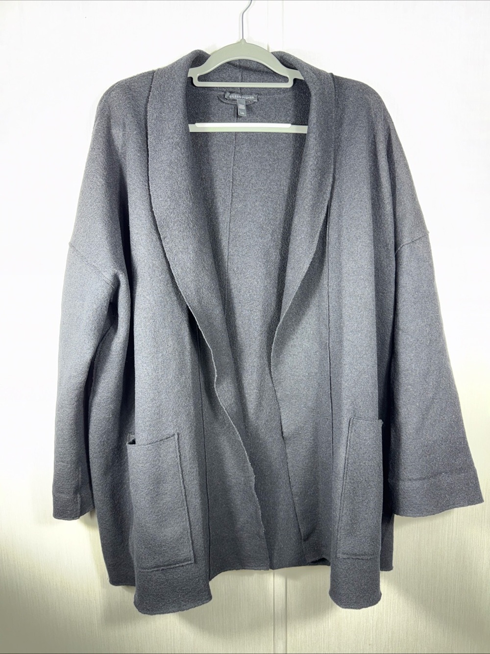 Eileen Fisher L Black 100% Wool Open Front Cardigan Jacket Career Quiet Luxury